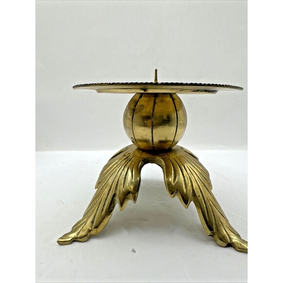 Vintage Mid Century Modern Leaf Lotus Large Brass Pillar Candle Holder 4.5 X4.5 - Picture 7 of 8